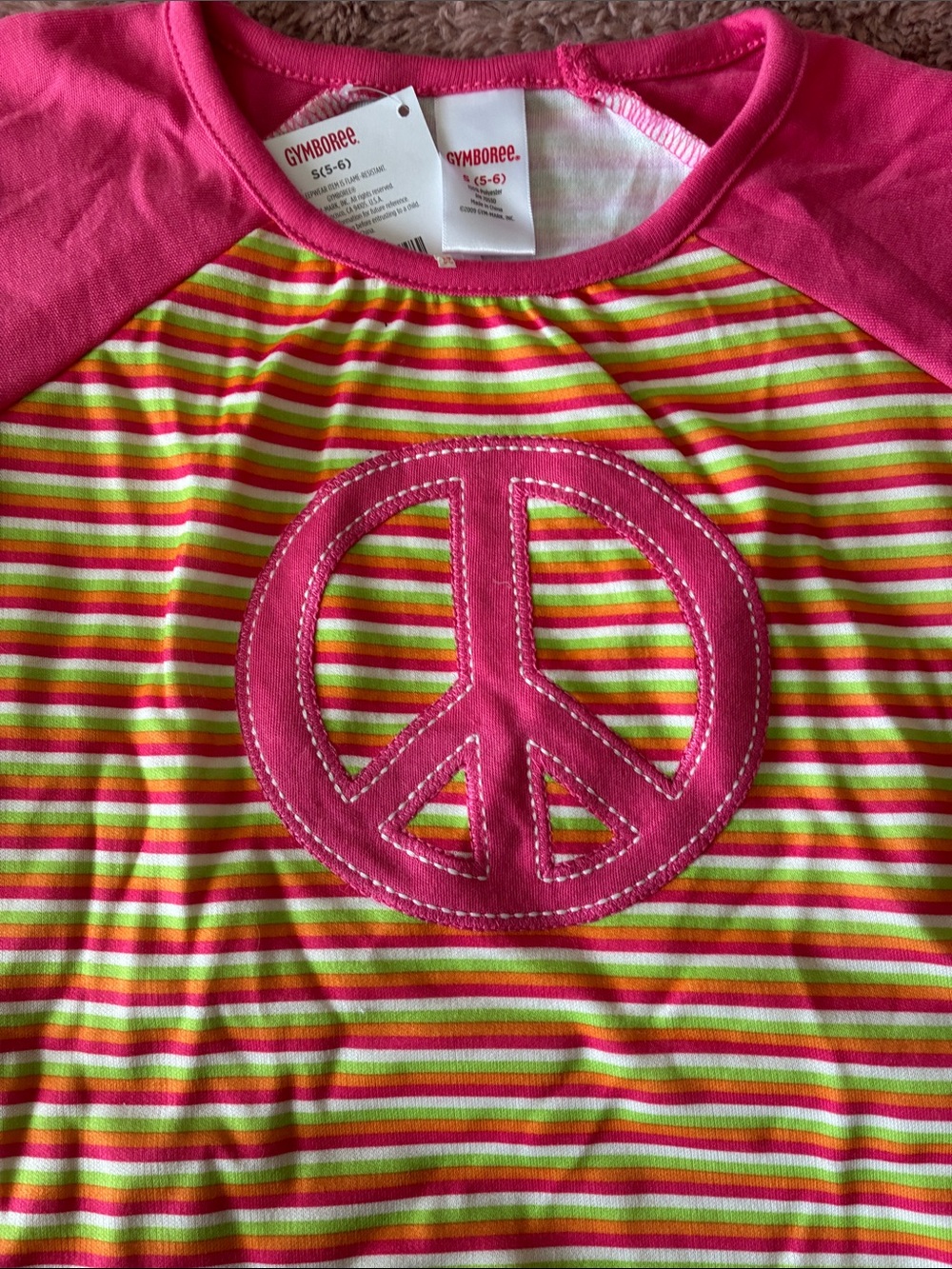 Gymboree Pink Raglan Stripe Night Gown with Peace Sign Applique